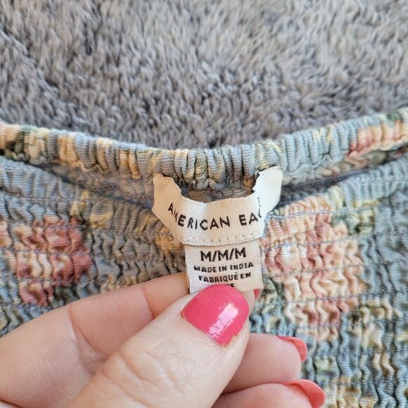 American Eagle Women Crop Top Medium Floral Smock Puff Sleeve‎ Y2K Boho 17466 - Picture 3 of 8